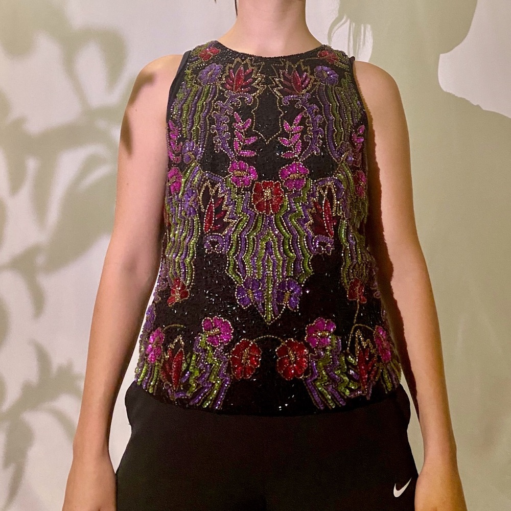 Vintage, pure silk, hand beaded, tank